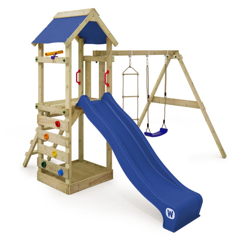 foto del prodotto parco giochi in legno freeflyer giochi da giardino con altalena e scivolo torre d'arrampicata da esterno con sabbiera e scala di risalita per bambini