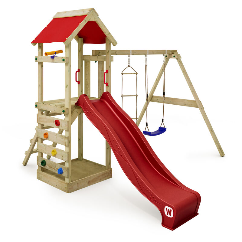 foto del prodotto parco giochi in legno freeflyer giochi da giardino con altalena e scivolo torre d'arrampicata da esterno con sabbiera e scala di risalita per bambini