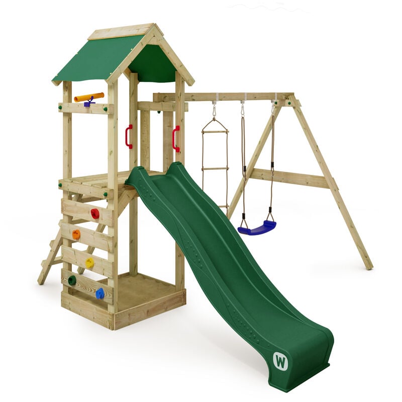 foto del prodotto parco giochi in legno freeflyer giochi da giardino con altalena e scivolo torre d'arrampicata da esterno con sabbiera e scala di risalita per bambini