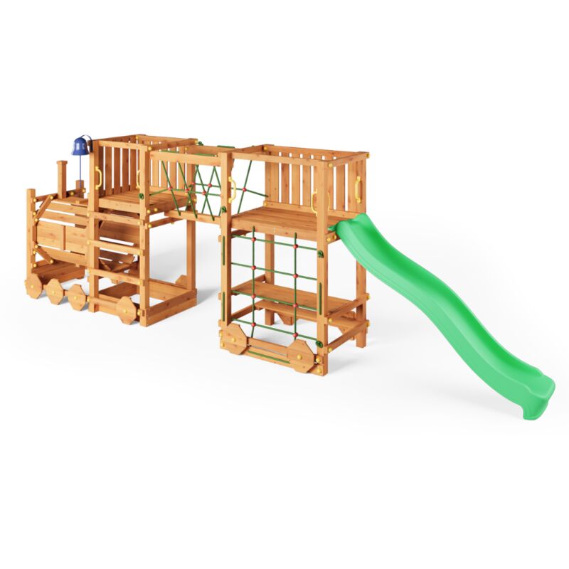 foto del prodotto parco giochi in legno fungoo loco express colore teak con scivolo, ponte e trenino per bambini