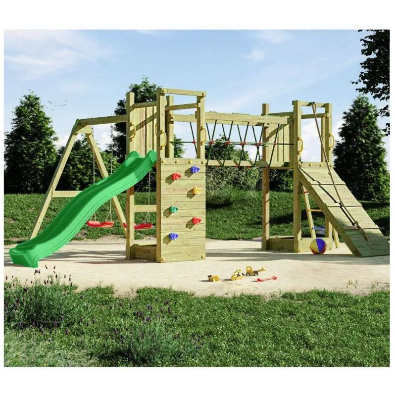 foto del prodotto parco giochi in legno fungoo maxi exposure con scivolo, altalene, ponte e arrampicata