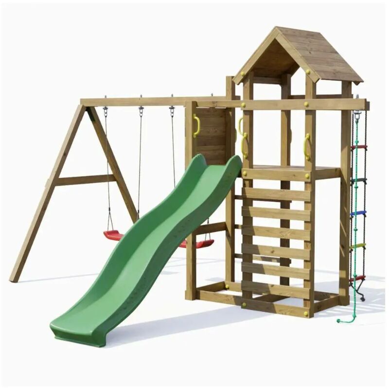 foto del prodotto parco giochi in legno fungoo mixter con scivolo, doppia altalena e arrampicata