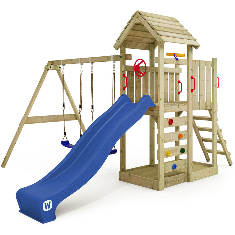 foto del prodotto parco giochi in legno multiflyer tetto in legno giochi da giardino con altalena e scivolo casetta da gioco per l'arrampicata con sabbiera e scala di