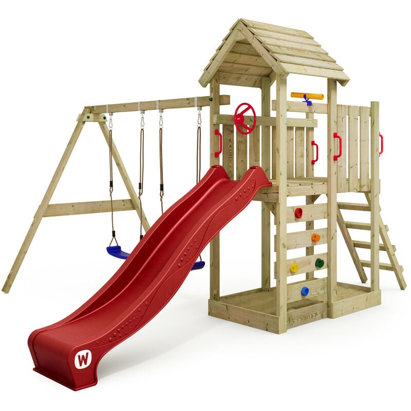 foto del prodotto parco giochi in legno multiflyer tetto in legno giochi da giardino con altalena e scivolo casetta da gioco per l'arrampicata con sabbiera e scala di