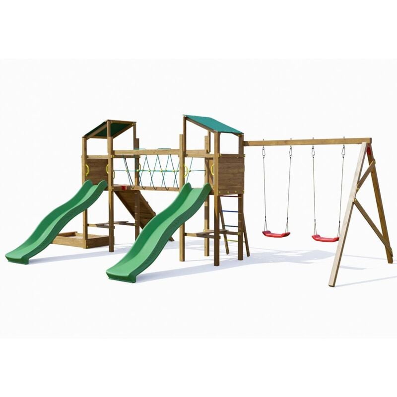 foto del prodotto parco giochi in legno playland sunfest tgg play con sabbiera, arrampicata, tavolo picnic, due altalene e scivoli