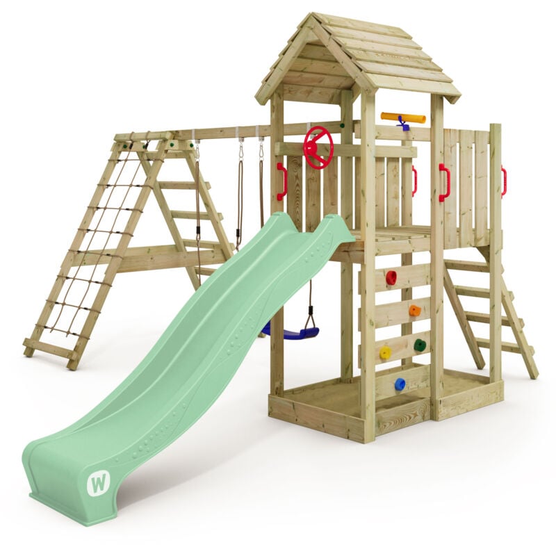 foto del prodotto parco giochi in legno rocketflyer giochi da giardino con altalena e scivolo torre d arrampicata da esterno con sabbiera e scala di risalita per