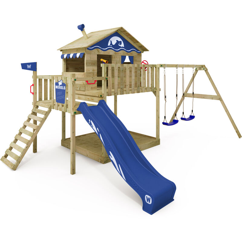 foto del prodotto parco giochi in legno smart coast giochi da giardino con altalena e scivolo casa su palafitte da esterno con sabbiera e scala di risalita per bambini
