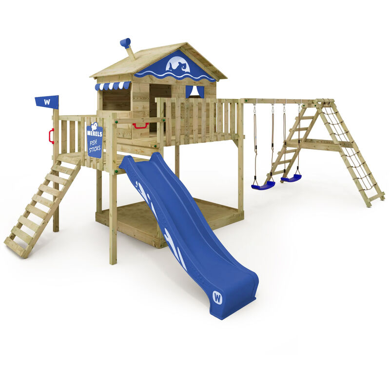 foto del prodotto parco giochi in legno smart ocean giochi da giardino con altalena e scivolo casa su palafitte da esterno con sabbiera e scala di risalita per bambini