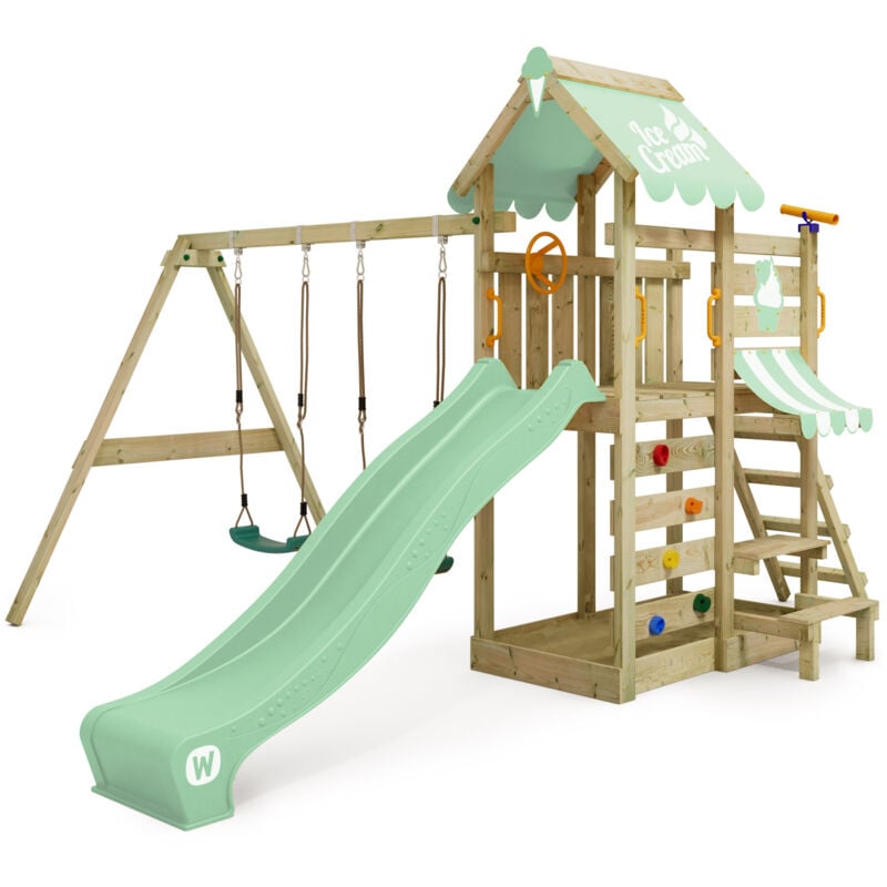 foto del prodotto parco giochi in legno vanillaflyer giochi da giardino con altalena e scivolo torre d'arrampicata da esterno con sabbiera e scala di risalita per