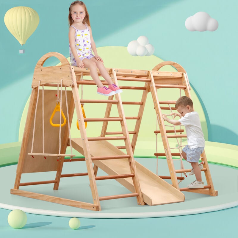 foto del prodotto parco giochi multifunzionale 7 in 1 con altalena, scala, scivolo, parete da arrampicata, pietra da arrampicata in plastica, compensato e legno di