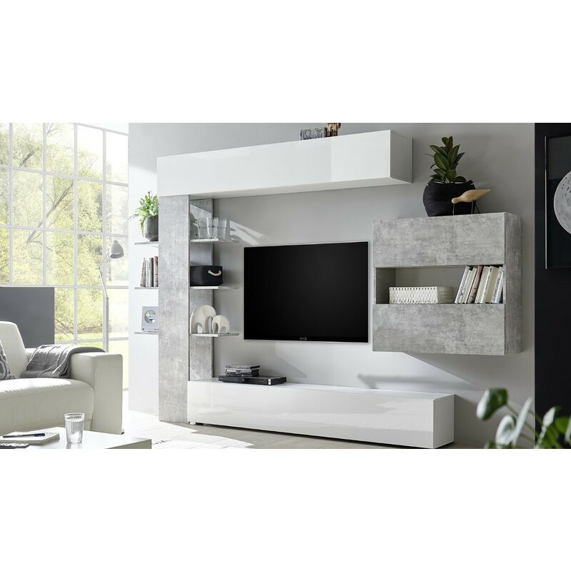 foto del prodotto parete attrezzata 295 cm con libreria colore bianca e beton astrakat