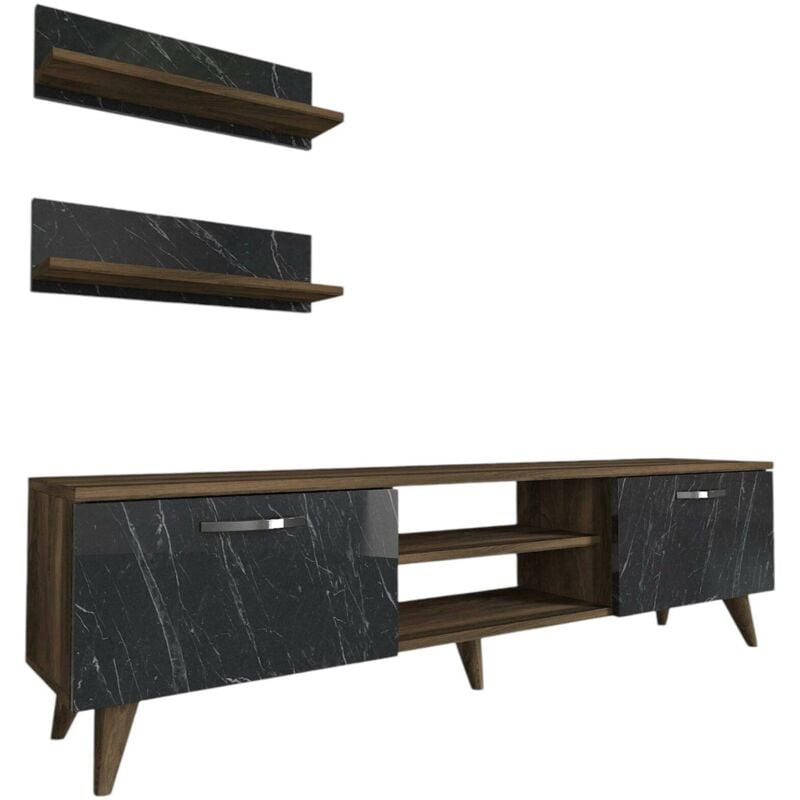 foto del prodotto parete attrezzata aegir, composizione soggiorno, mobile salotto multiuso, armadio porta tv, 150x30 h41 cm, noce e grigio dmora