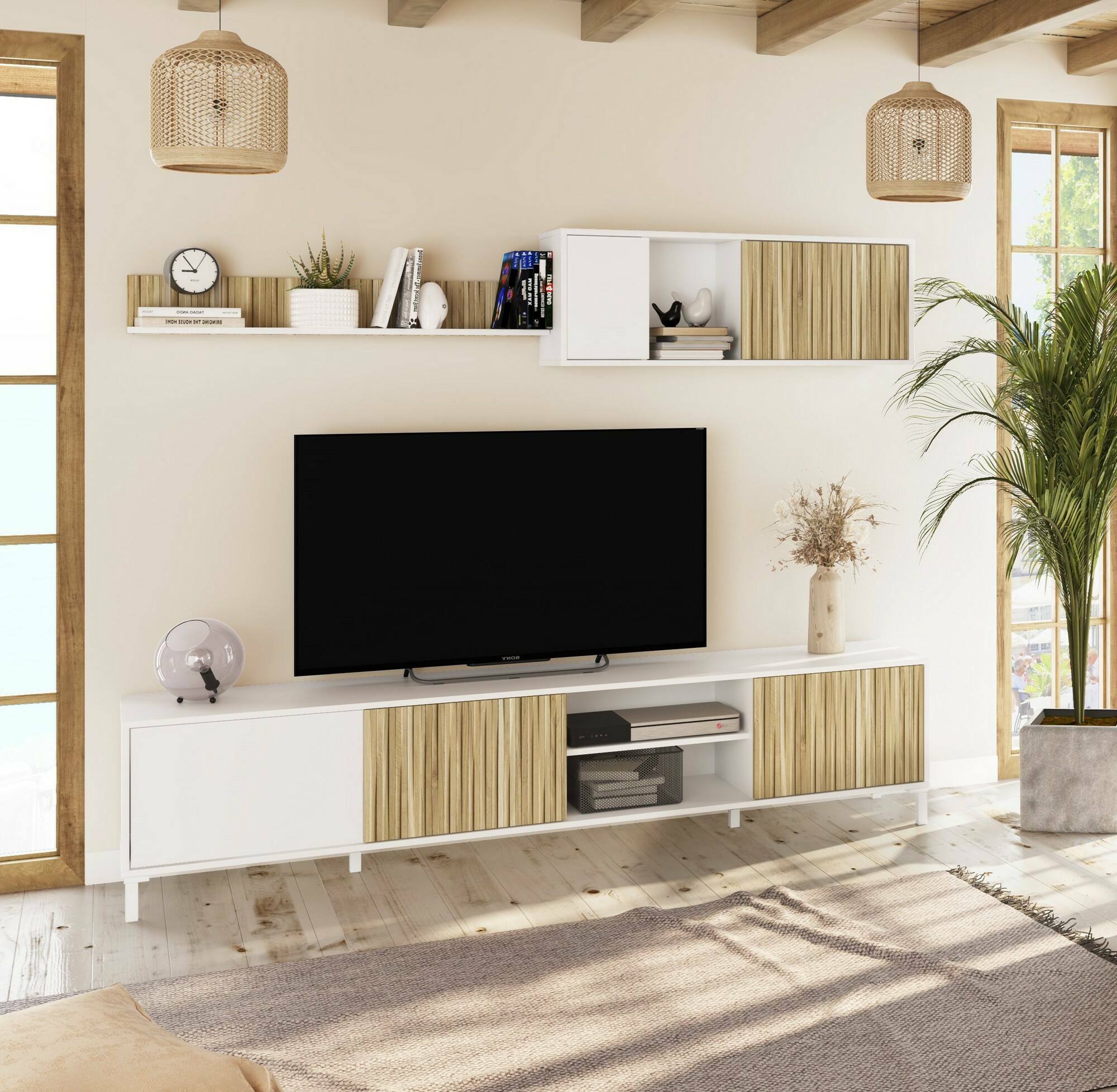 foto del prodotto parete attrezzata ailano, composizione soggiorno, mobile salotto multiuso, armadio porta tv, 200x40 h47 cm, bianco e rovere