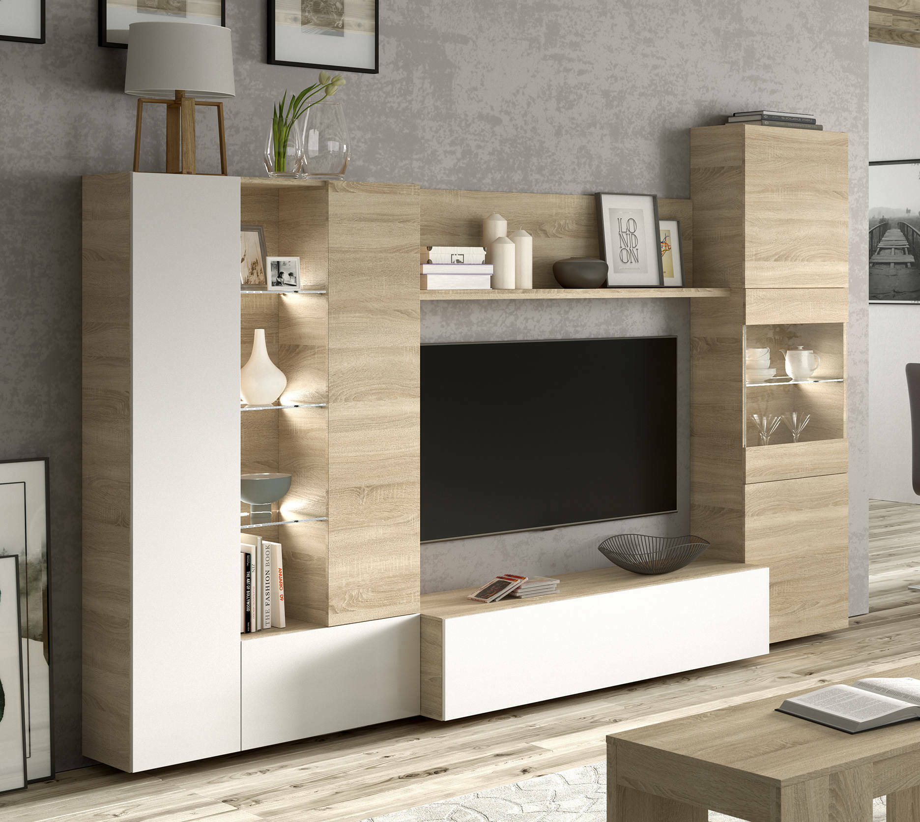 foto del prodotto parete attrezzata angioletto, mobile da soggiorno porta tv modulare, composizione per salotto con pensili e vetrine con luce led, cm 260x42h185, rovere e bianco