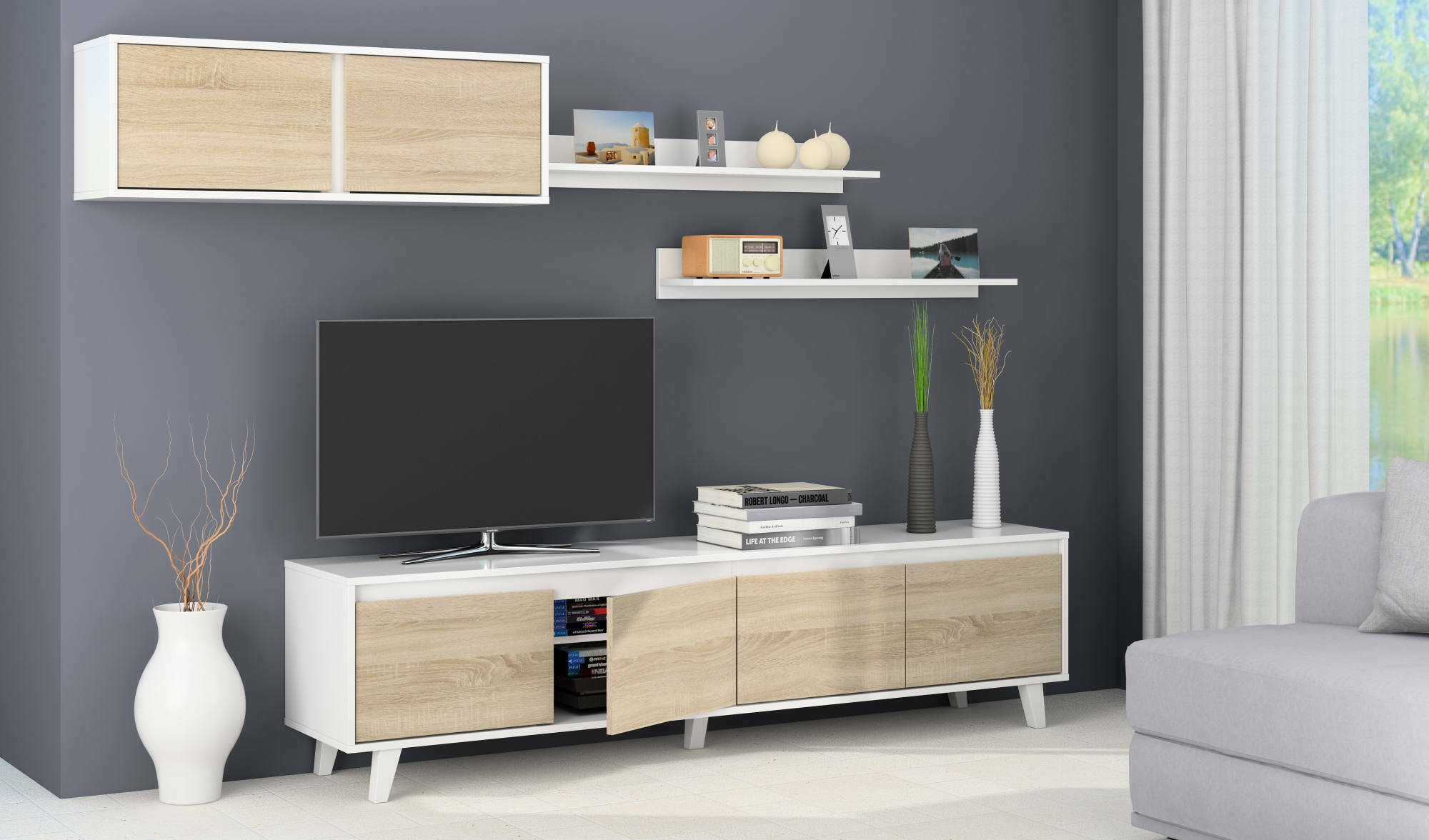 foto del prodotto parete attrezzata anguria, mobile da soggiorno porta tv, composizione per salotto con pensile e mensola, cm 200x50h41, bianco e rovere