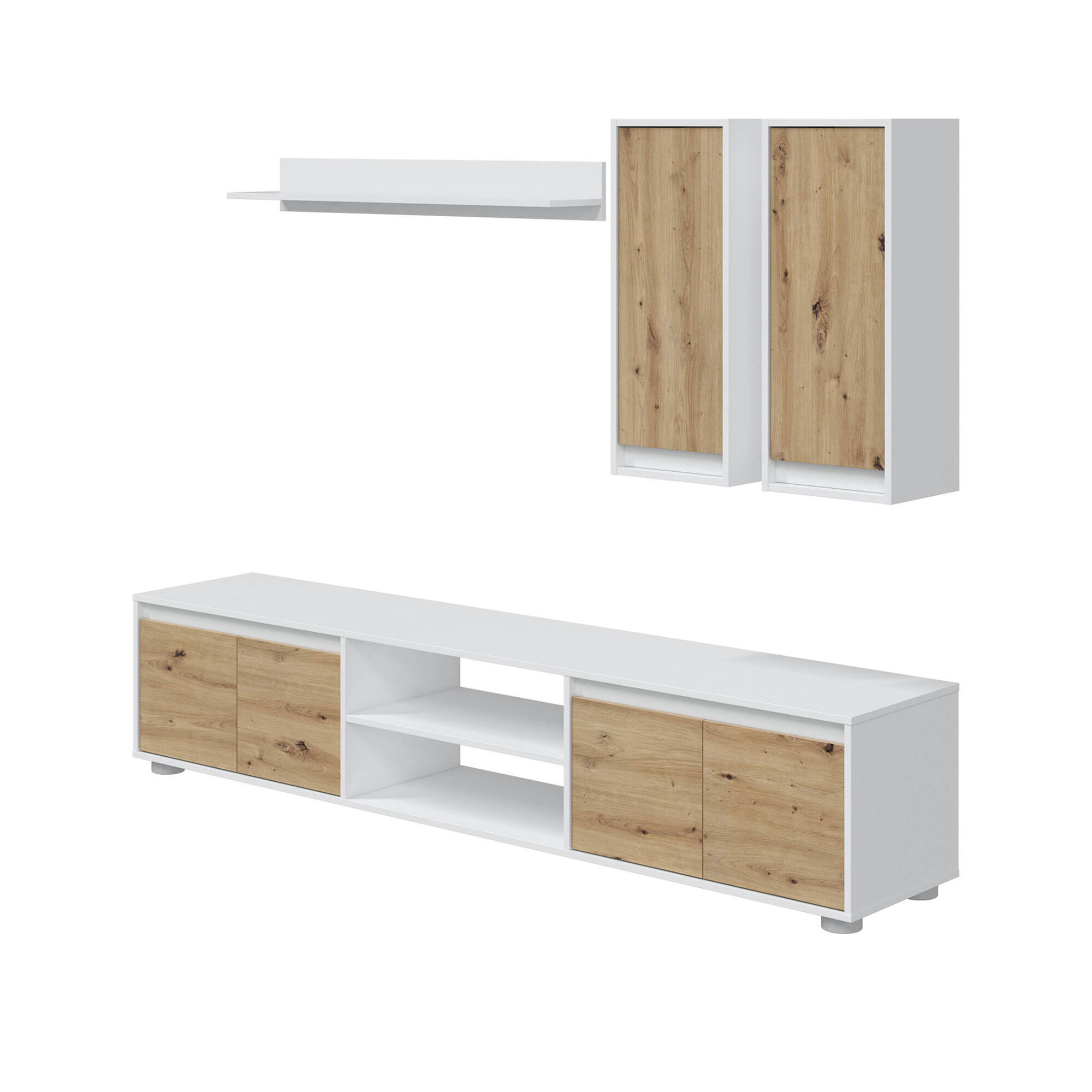 foto del prodotto parete attrezzata astulo, set da soggiorno, mobile salotto multiuso, composizione per salotto moderno, 200x40h114 cm, bianco e rovere