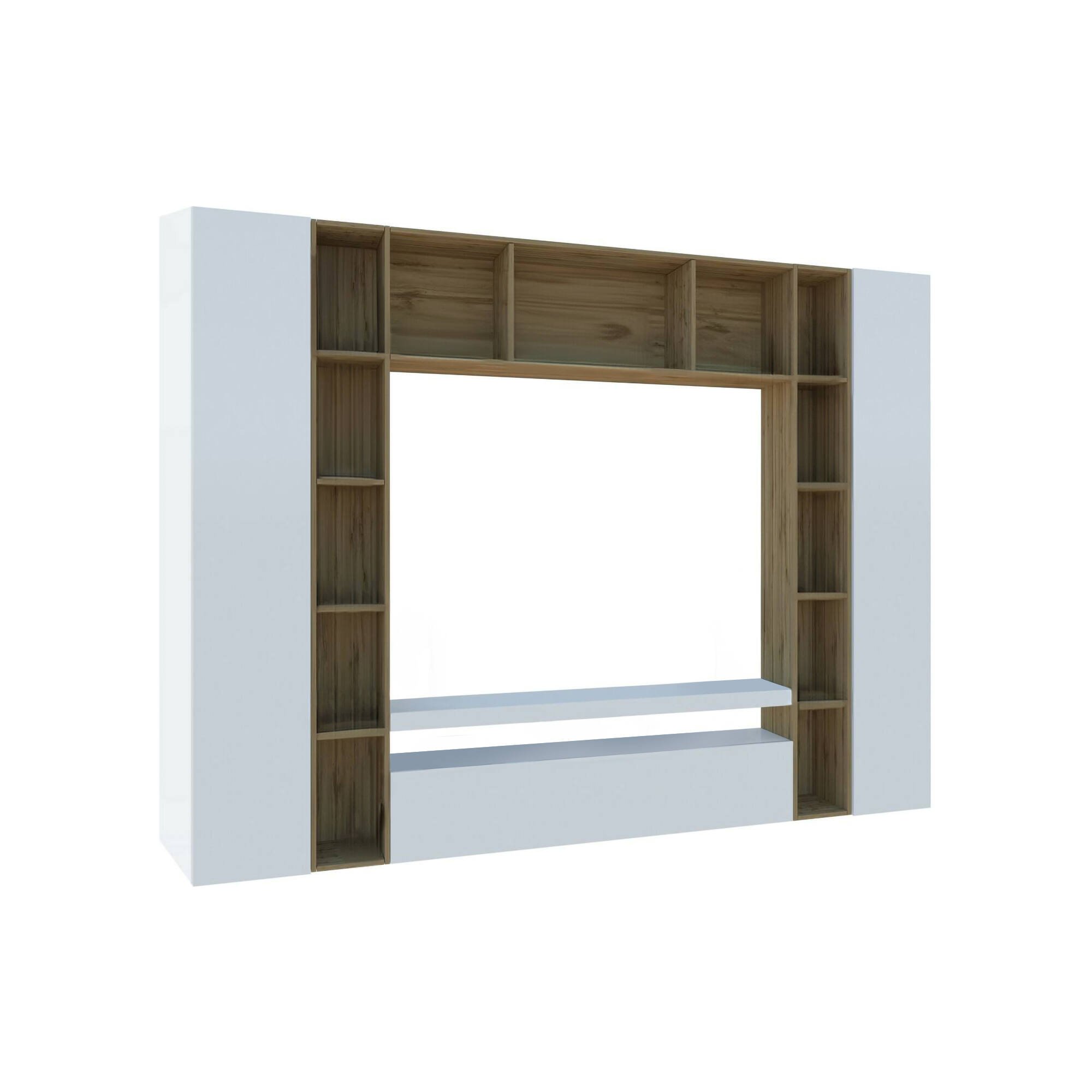 foto del prodotto parete attrezzata austis, set salotto porta tv a 3 ante, mobile soggiorno multiuso, 100 made in italy, cm 270x35h210, bianco lucido e rovere