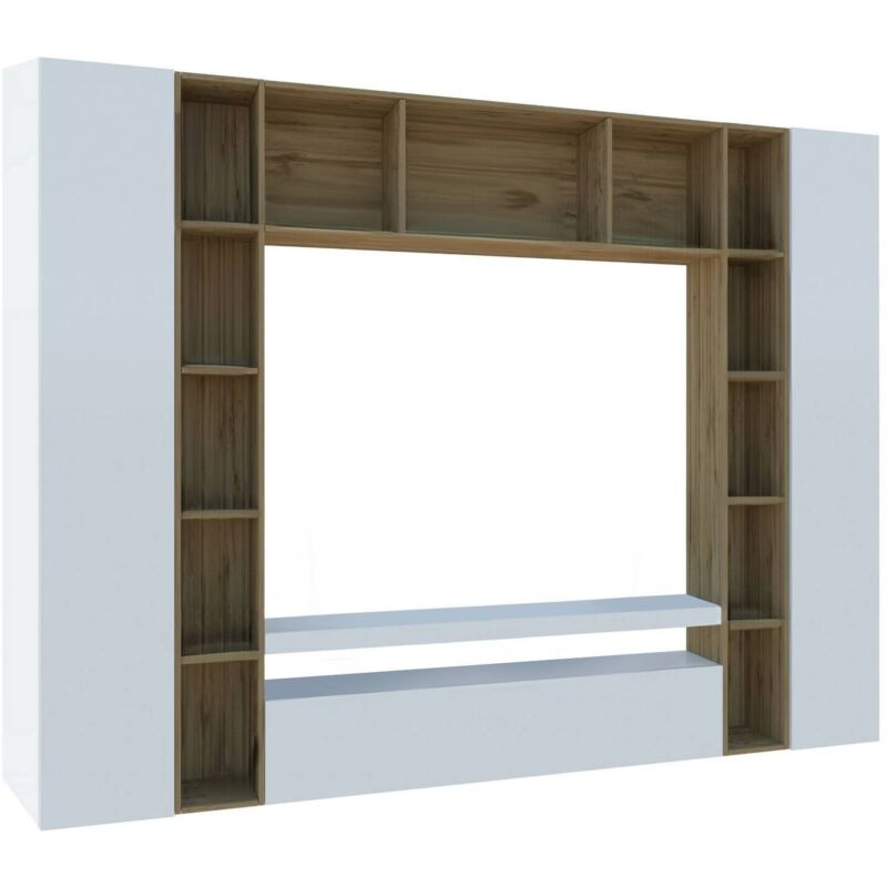 foto del prodotto parete attrezzata austis, set salotto porta tv a 3 ante, mobile soggiorno multiuso, 100 made in italy, cm 270x35h210, bianco lucido e rovere dmora