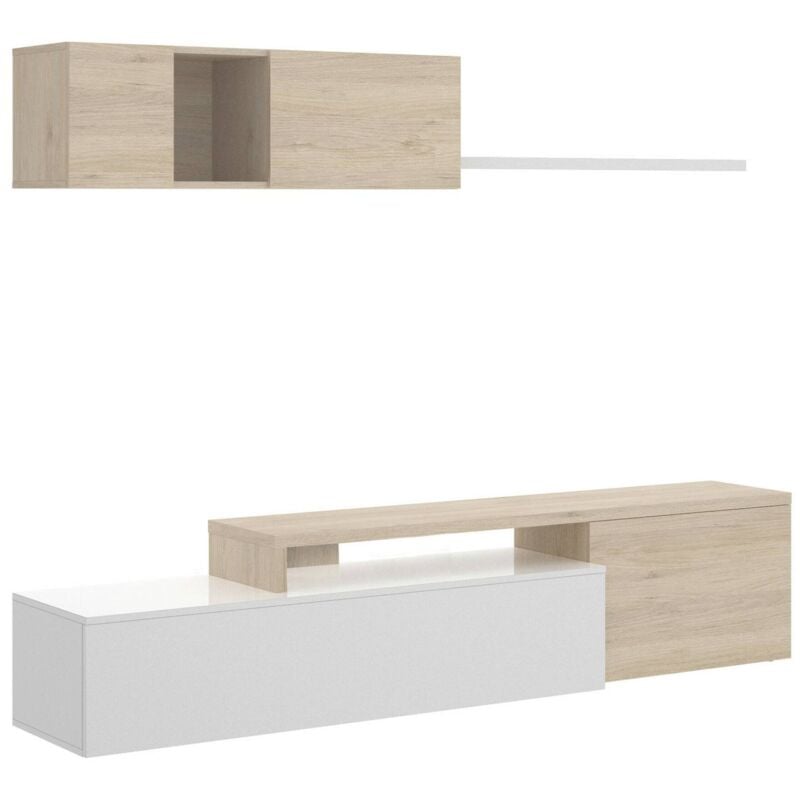 foto del prodotto parete attrezzata axayazala, set da soggiorno modulare ad angolo, mobile salotto porta tv multiposizione, 201x41h180 cm, bianco lucido e rovere