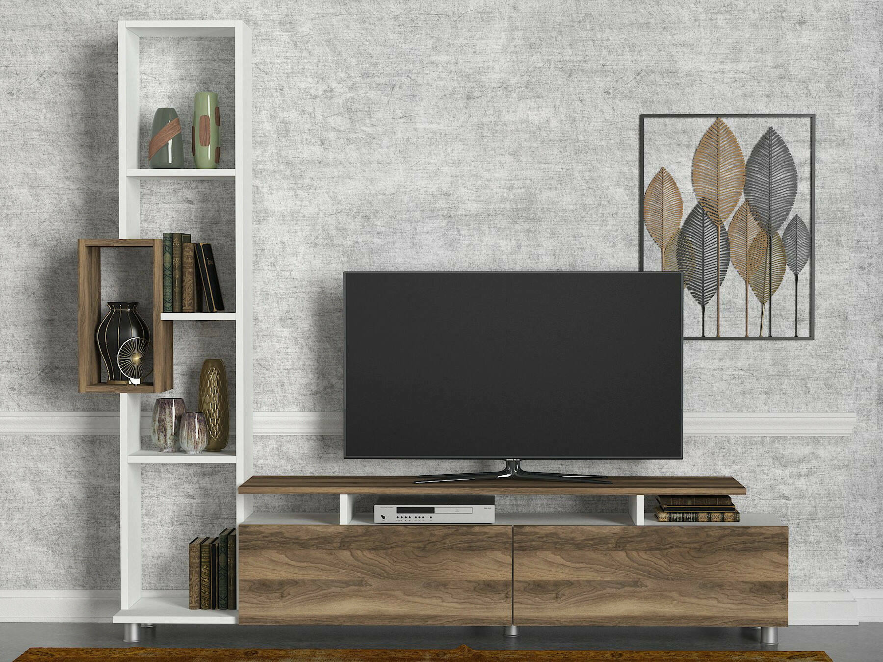 foto del prodotto parete attrezzata biskek, composizione soggiorno, mobile salotto multiuso, armadio porta tv, 160x30 h167 cm, bianco e noce