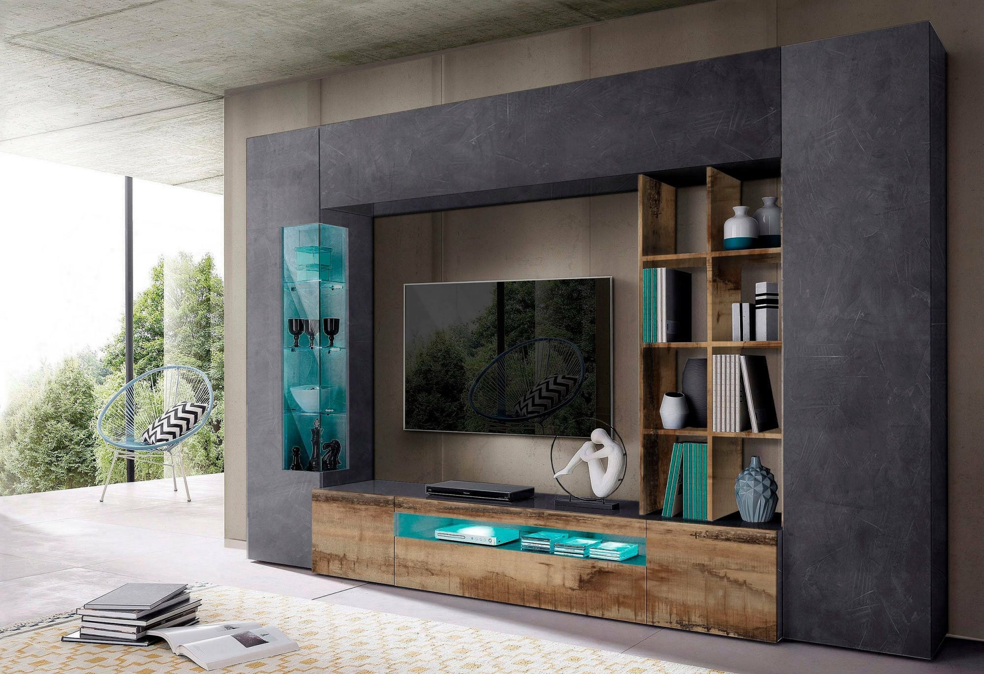 foto del prodotto parete attrezzata da andy, made in italy, mobile porta tv, set salotto moderno, cm 290x40h192, ardesia e acero, con luce led blu