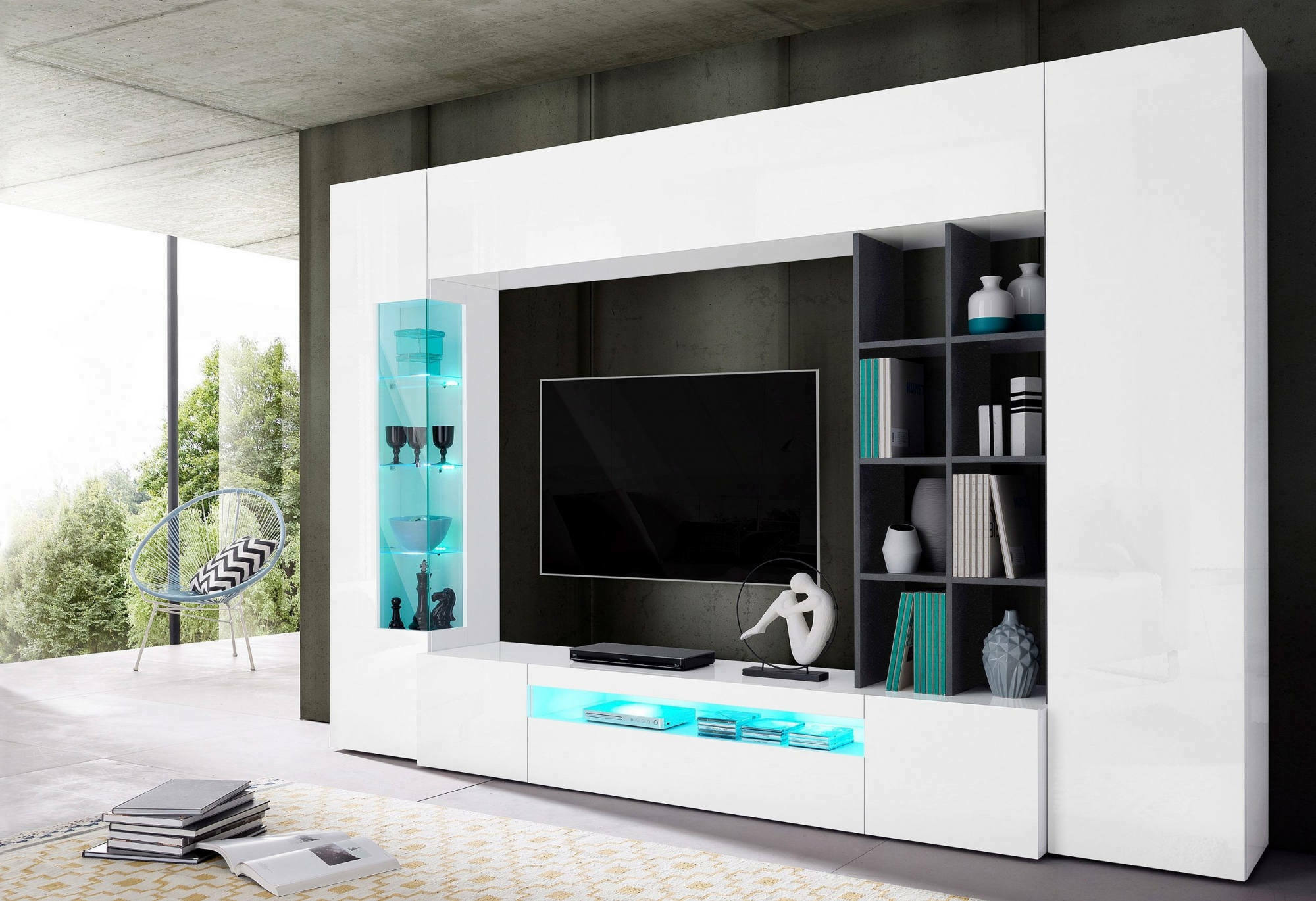 foto del prodotto parete attrezzata da andy, made in italy, mobile porta tv, set salotto moderno, cm 290x40h192, bianco lucido e grigio cenere, con luce led blu