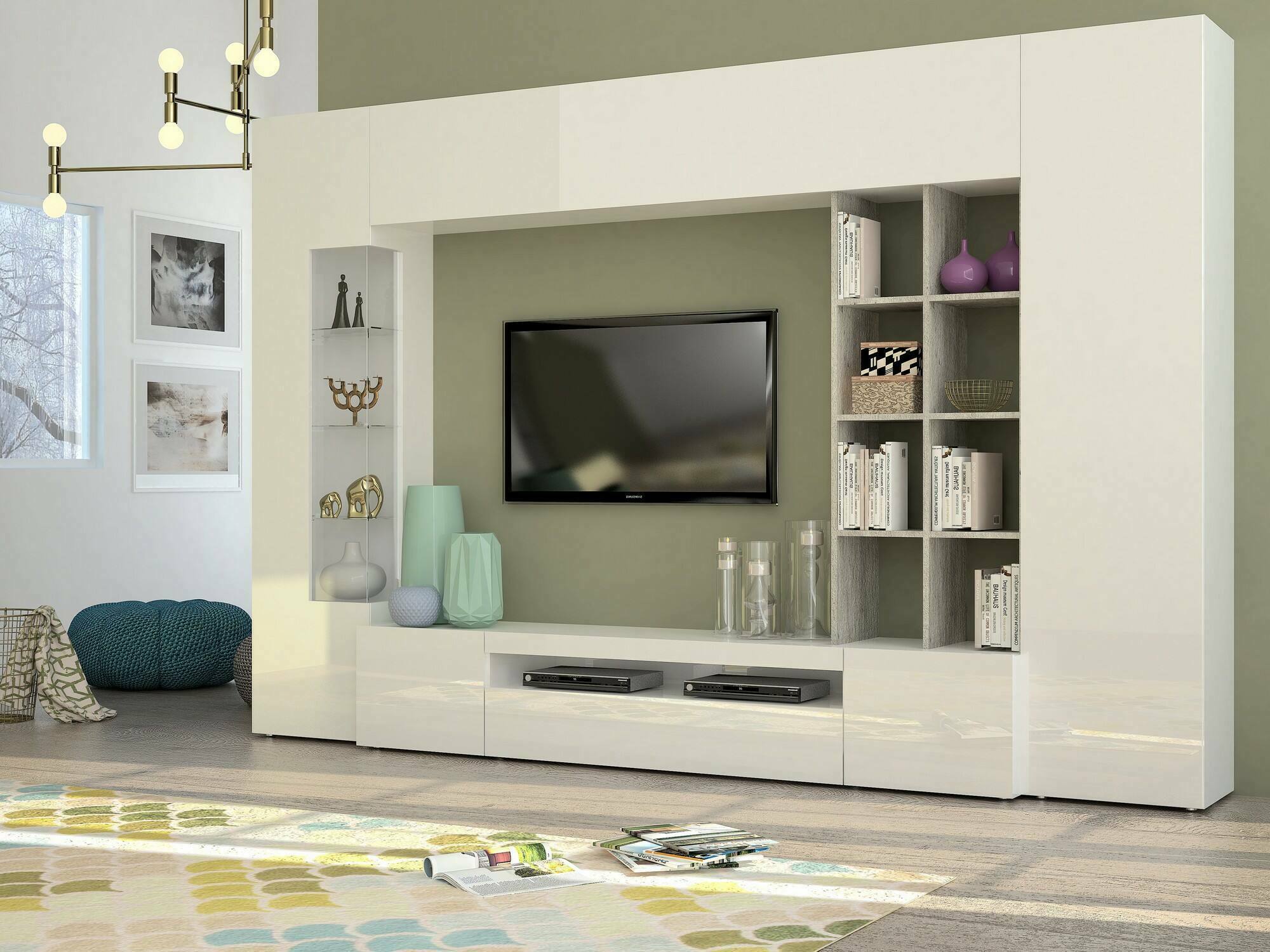 foto del prodotto parete attrezzata da azuro, made in italy, mobile porta tv, set salotto moderno, cm 290x40h192, bianco lucido e cemento