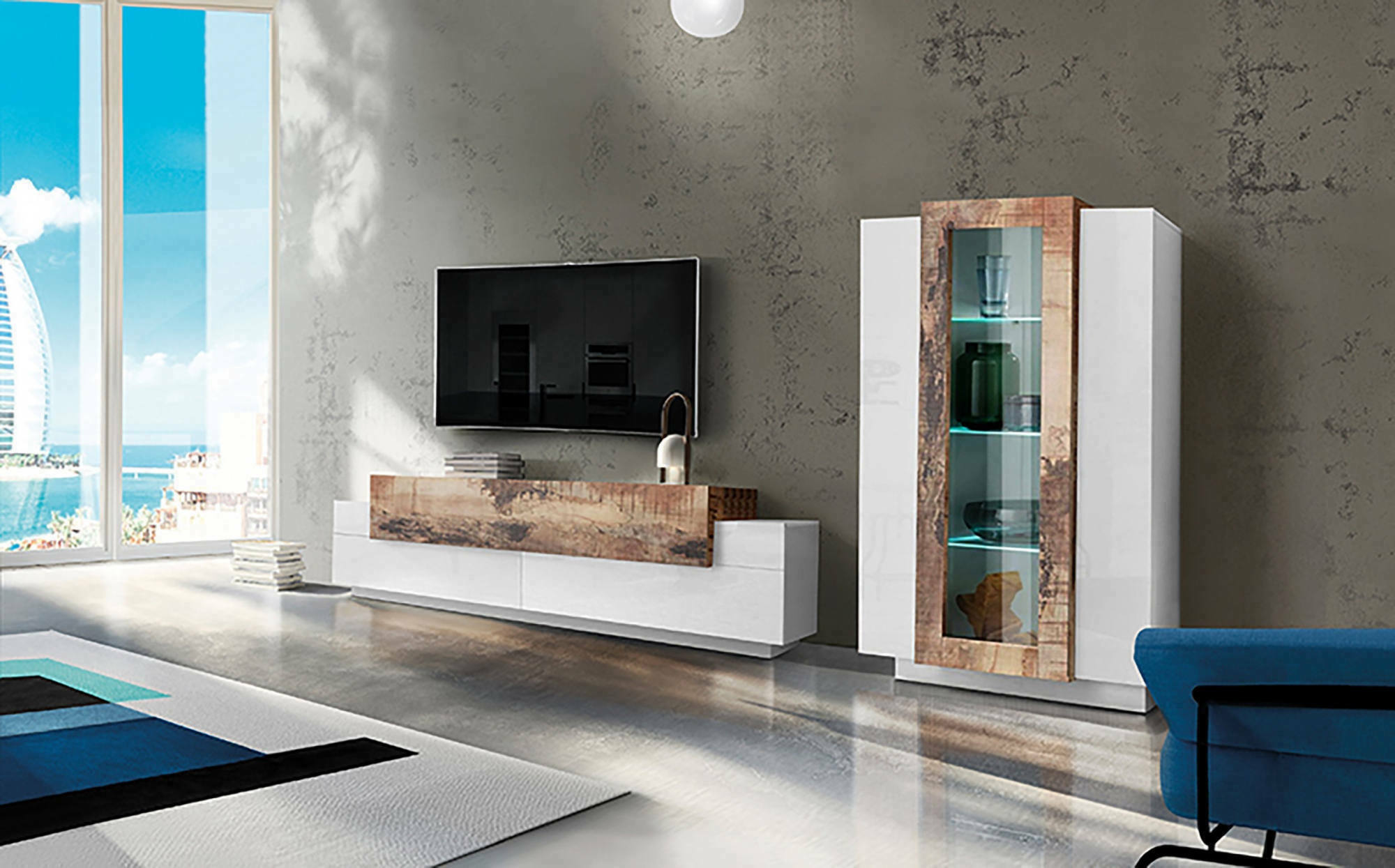 foto del prodotto parete attrezzata da soggiorno anisia, made in italy, porta tv a luce led bianca, set salotto moderno, cm 290x45h121, bianco lucido e acero