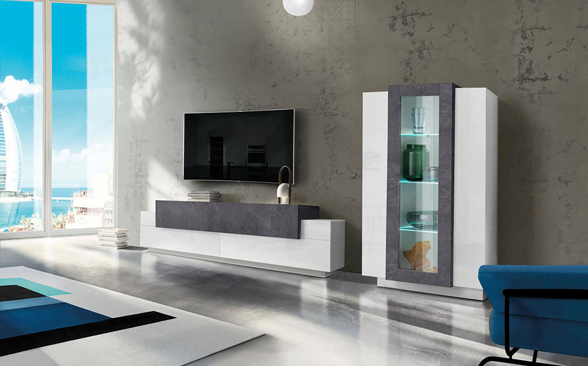 foto del prodotto parete attrezzata da soggiorno anisia, made in italy, porta tv a luce led bianca, set salotto moderno, cm 290x45h121, bianco lucido e grigio cenere