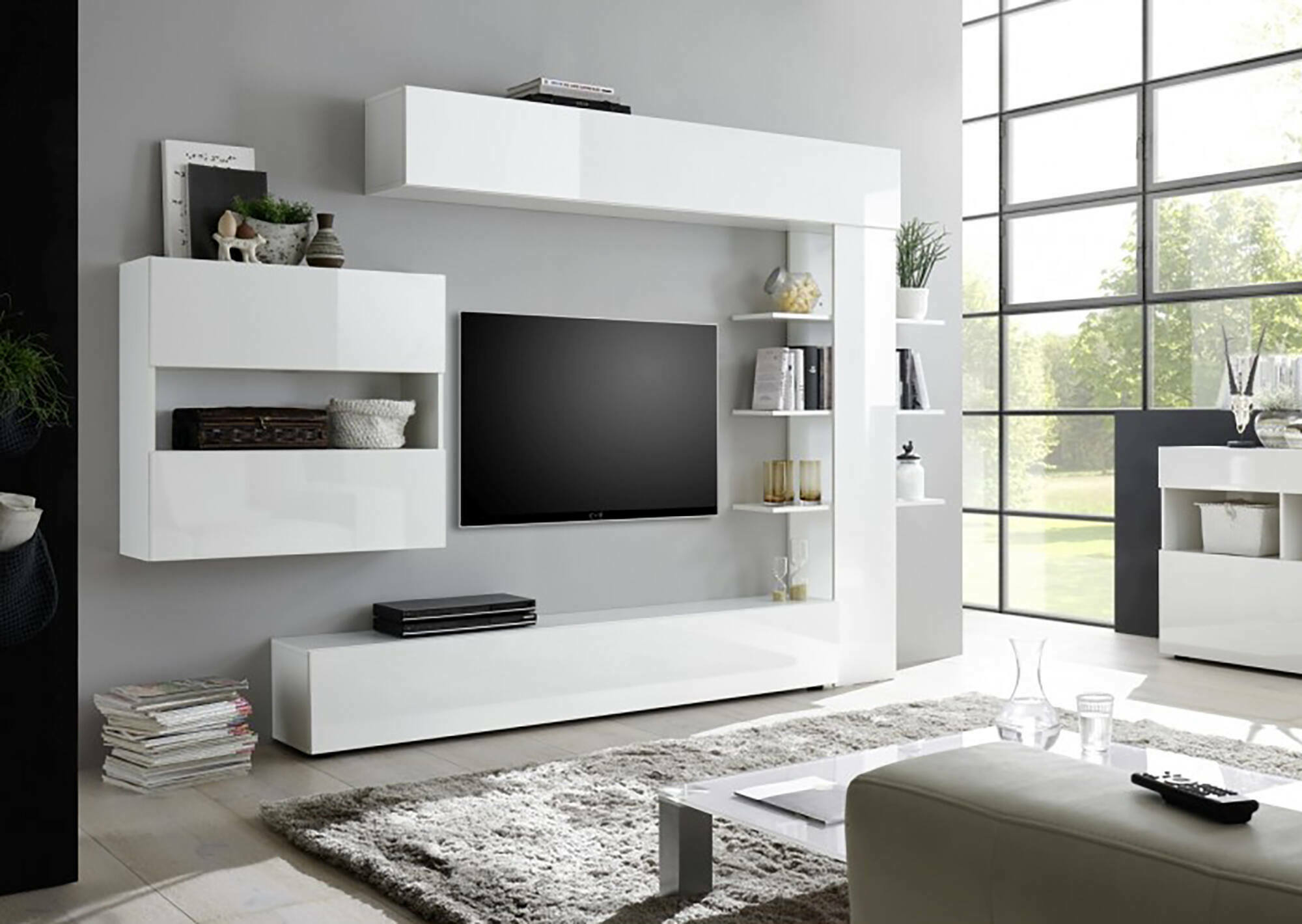 foto del prodotto parete attrezzata da soggiorno reversibile, made in italy, mobile porta tv, set salotto moderno, cm 295x30h197, colore bianco lucido e opaco, con