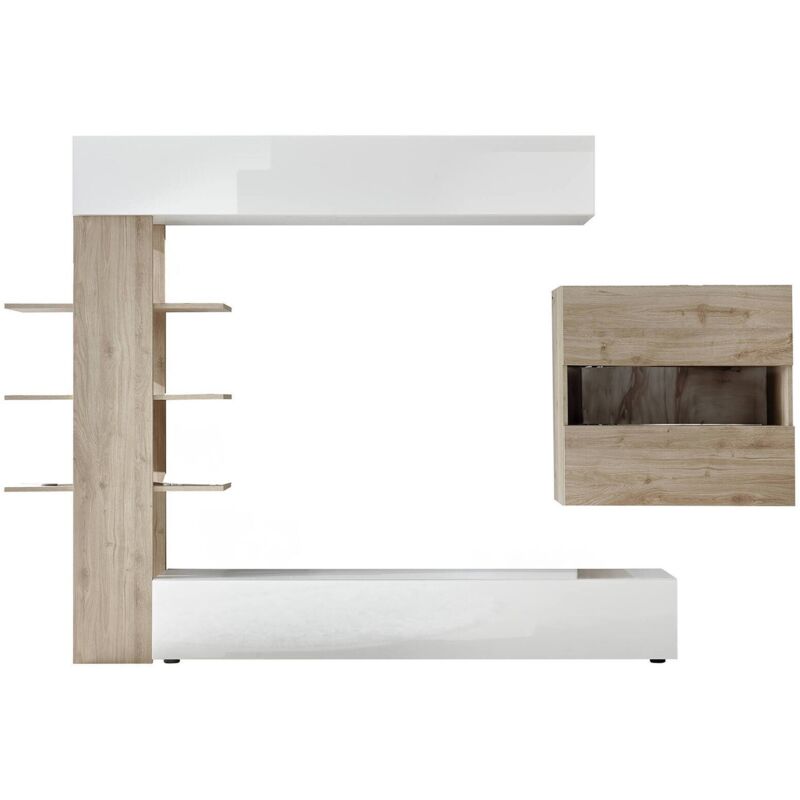 foto del prodotto parete attrezzata da soggiorno reversibile, made in italy, mobile porta tv, set salotto moderno, cm 295x30h197, colore bianco lucido e rovere, con