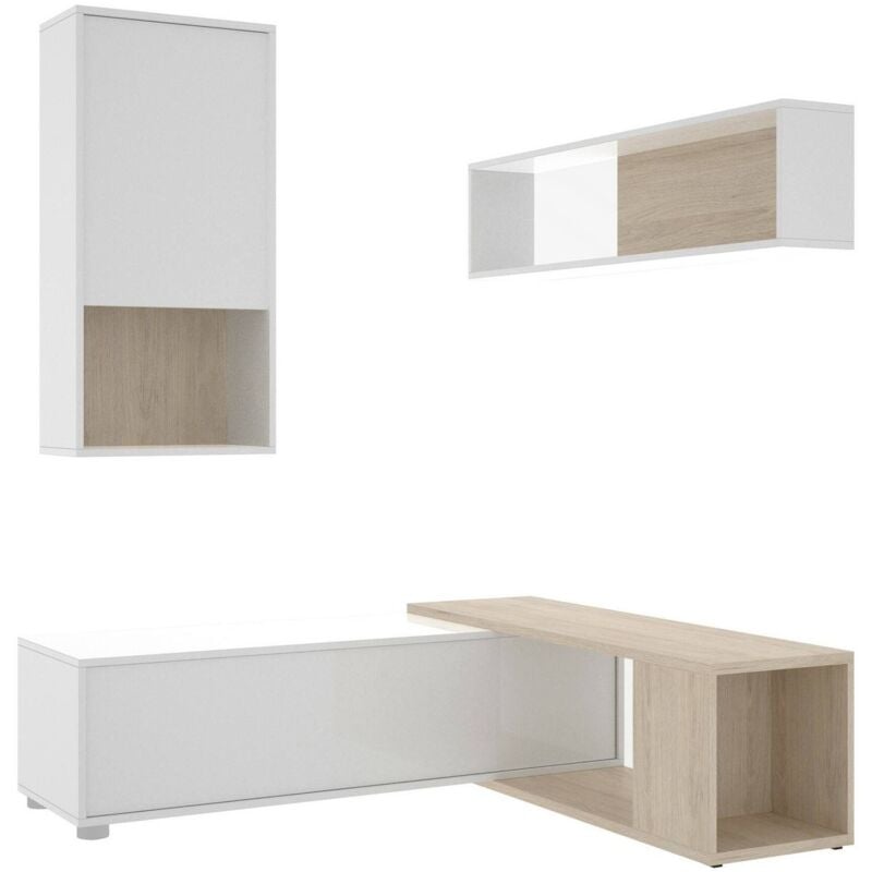 foto del prodotto parete attrezzata denali, set da soggiorno modulare ad angolo, mobile salotto multiposizione, 230x41h180 cm, bianco e rovere, con imballo rinforzato