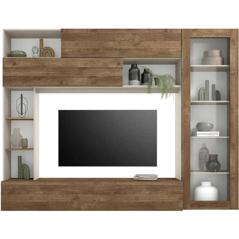 foto del prodotto parete attrezzata design contemporaneo 277x40x210 cm con anta vetro pratiko cashmere e noce mercure