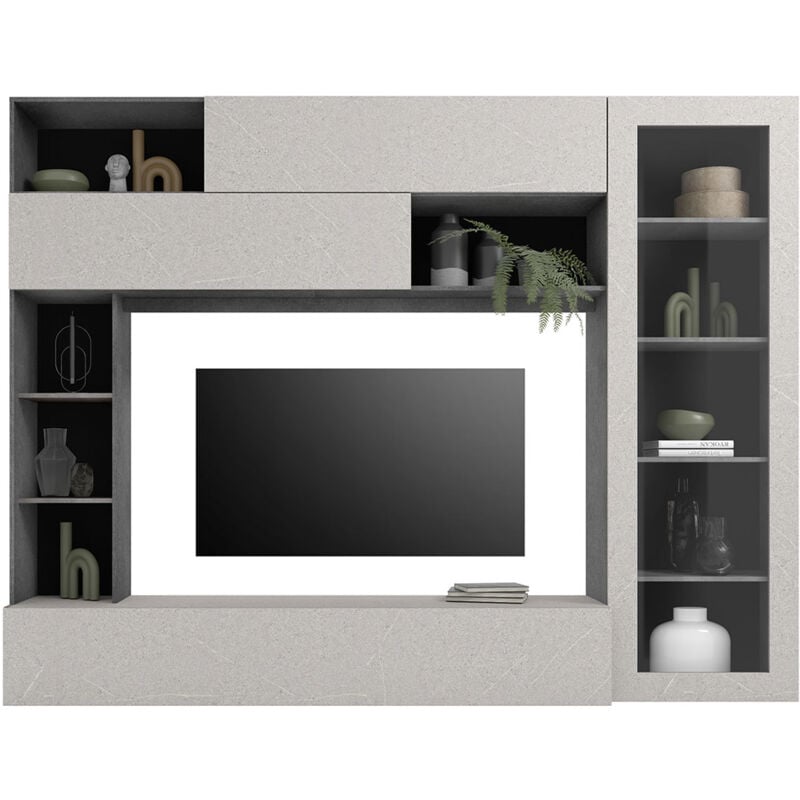 foto del prodotto parete attrezzata design contemporaneo 277x40x210 cm con anta vetro pratiko ghisa e pietra