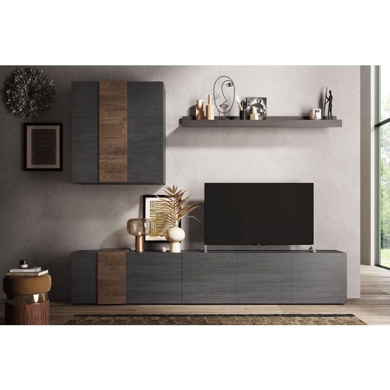 foto del prodotto parete attrezzata design contemporaneo 301x44x195 cm mobile tv e pensile titanio e noce mercure