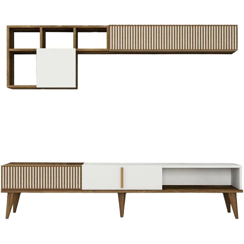 foto del prodotto parete attrezzata gemini, composizione soggiorno, mobile salotto multiuso, armadio porta tv, 180x35h40 cm, noce e bianco, con imballo rinforzato, con imballo rinforzato - dmora