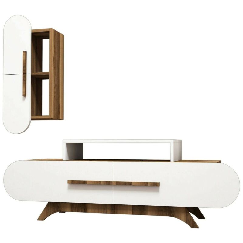 foto del prodotto parete attrezzata ifigenia, composizione soggiorno, mobile salotto multiuso, armadio porta tv, 145x37h50 cm, noce e bianco dmora