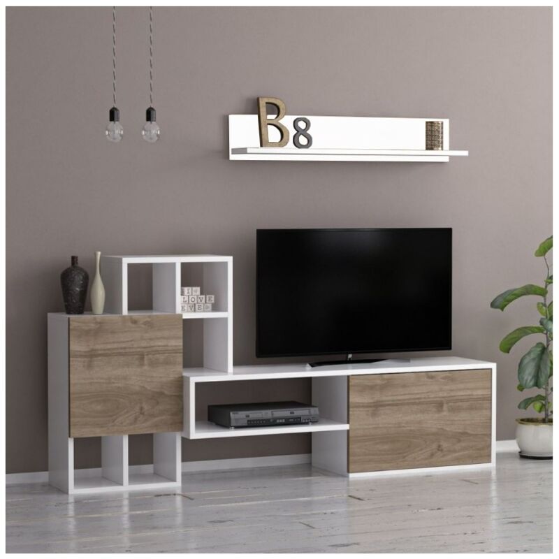 foto del prodotto parete attrezzata in legno bianco e noce mobile porta tv moderno per salotto