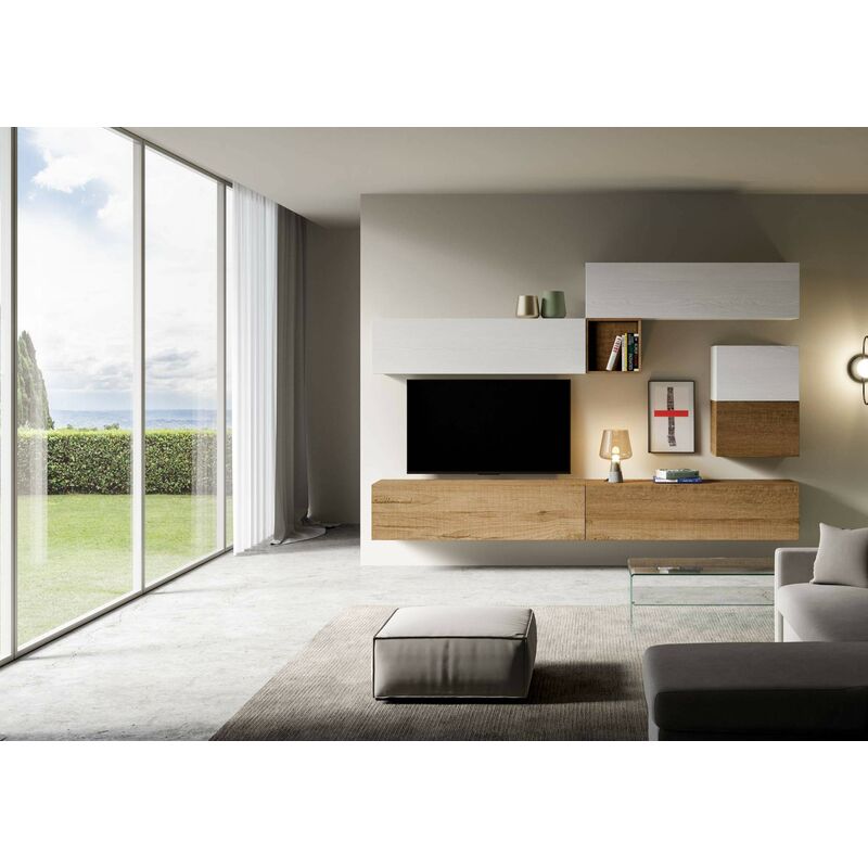 foto del prodotto parete attrezzata in legno sospesa moderna l.308xp.39,5 bianco e quercia a10