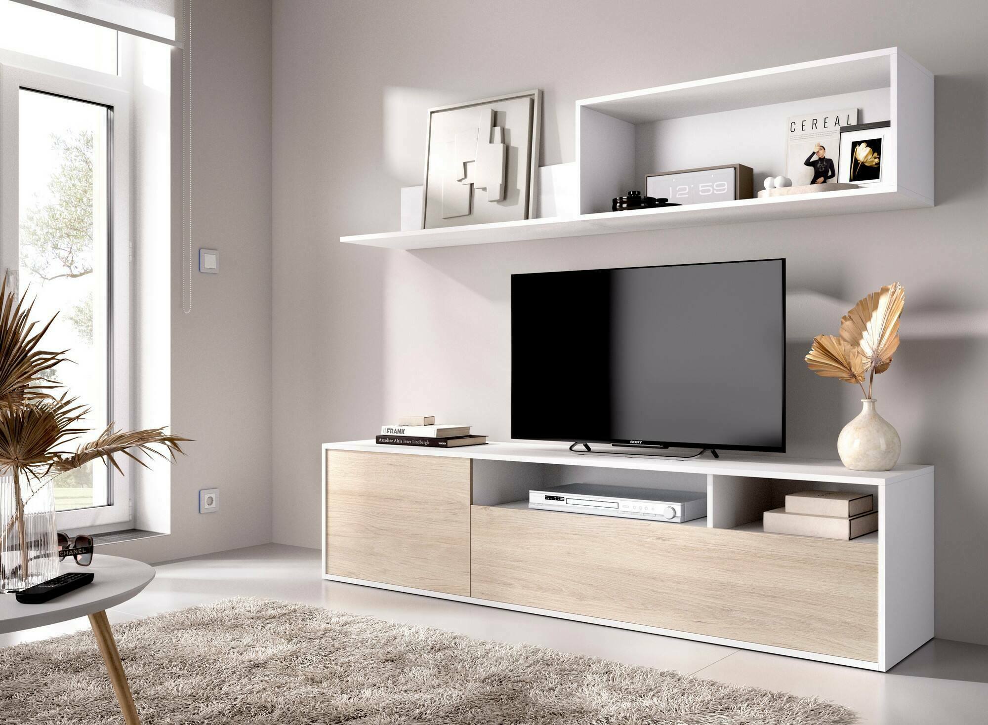 foto del prodotto parete attrezzata jelawat, composizione soggiorno, mobile salotto multiuso, armadio porta tv, 180x35 h44 cm, bianco e rovere