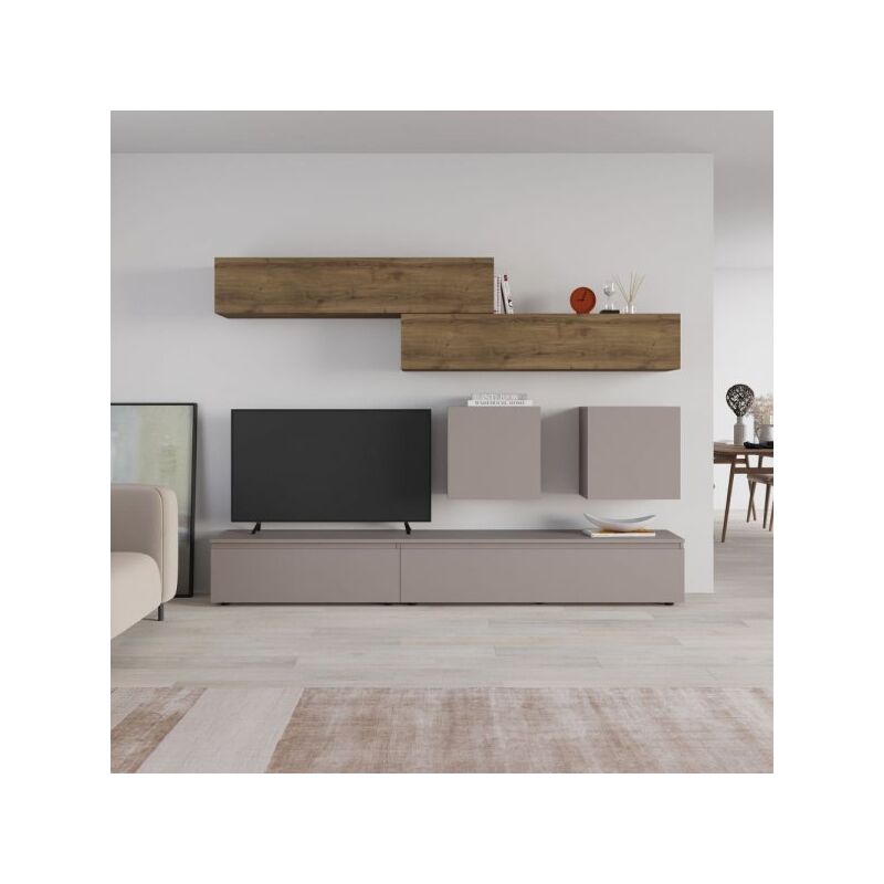 foto del prodotto parete attrezzata licia in light mocha e hitit noce h 186x40x250 cm.