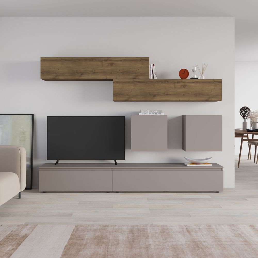 foto del prodotto parete attrezzata licia in tortora e hitit noce h 186x40x250 cm.