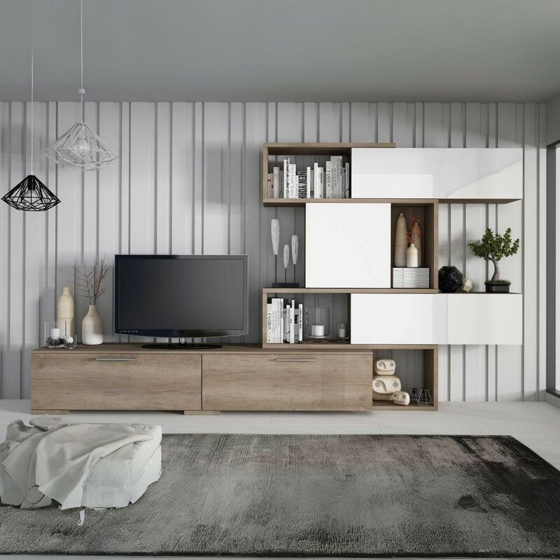 foto del prodotto parete attrezzata lineare o angolare reversibile colore rovere e bianco