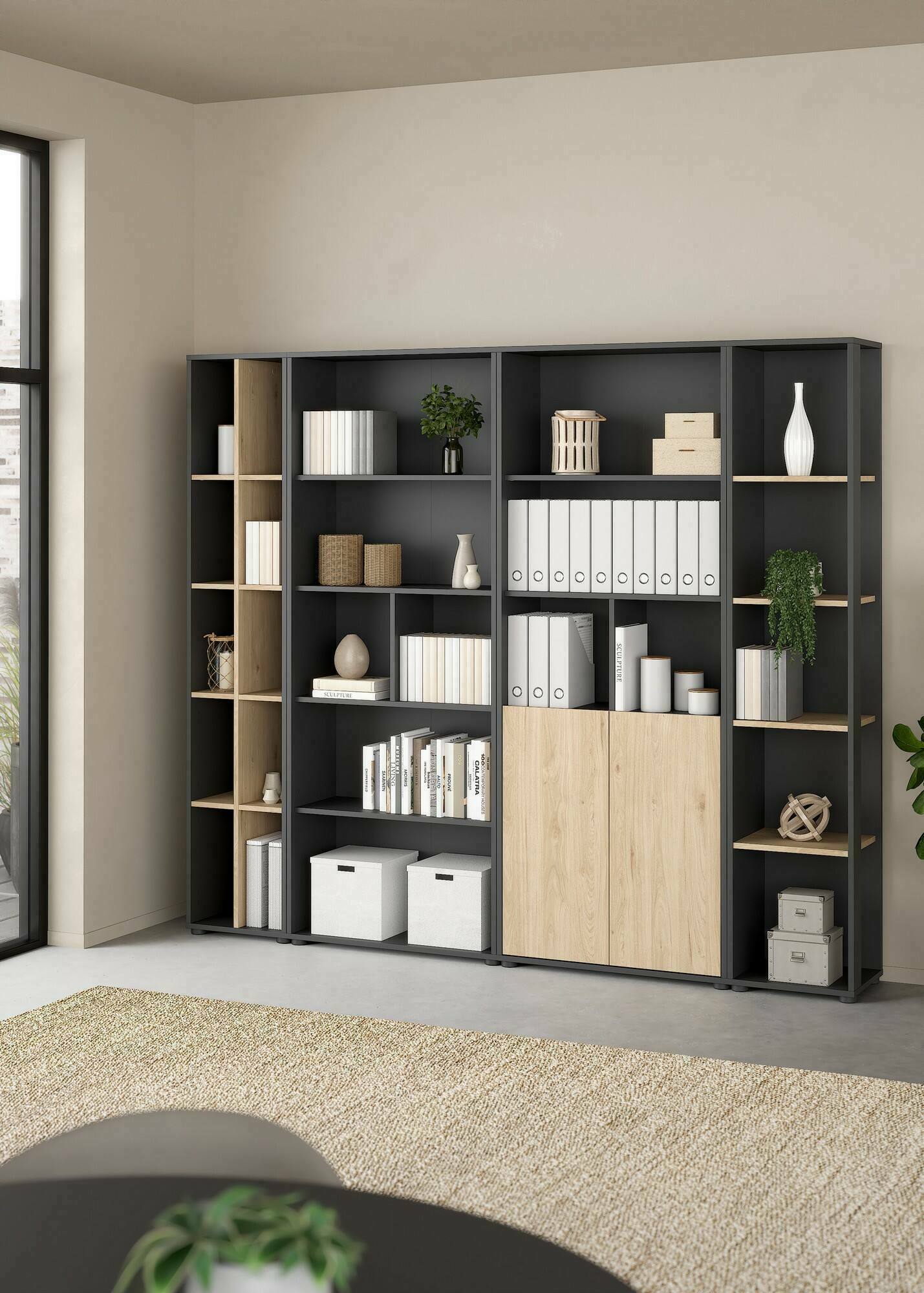 foto del prodotto parete attrezzata litvjak, composizione soggiorno, mobile salotto multiuso, armadio porta tv, 241x34 h205 cm, rovere e grigio