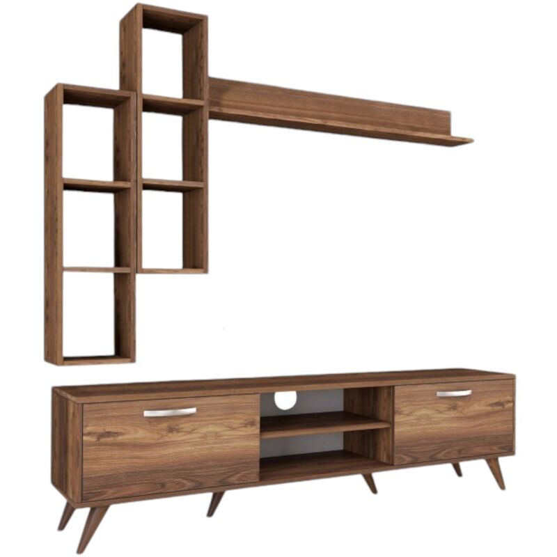 foto del prodotto parete attrezzata lokis, composizione soggiorno, mobile salotto multiuso, armadio porta tv, 180x35 h49 cm, noce dmora