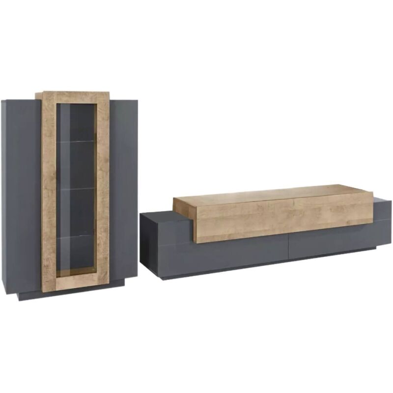 foto del prodotto parete attrezzata maja, set salotto porta tv, mobile soggiorno multiuso, 100 made in italy, cm 280x45h120, antracite e rovere dmora