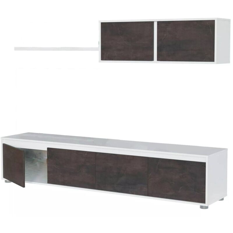 foto del prodotto parete attrezzata, mobile da soggiorno porta tv, composizione set salotto, set salotto con pensile, cm 200x41h43, bianco e ossido