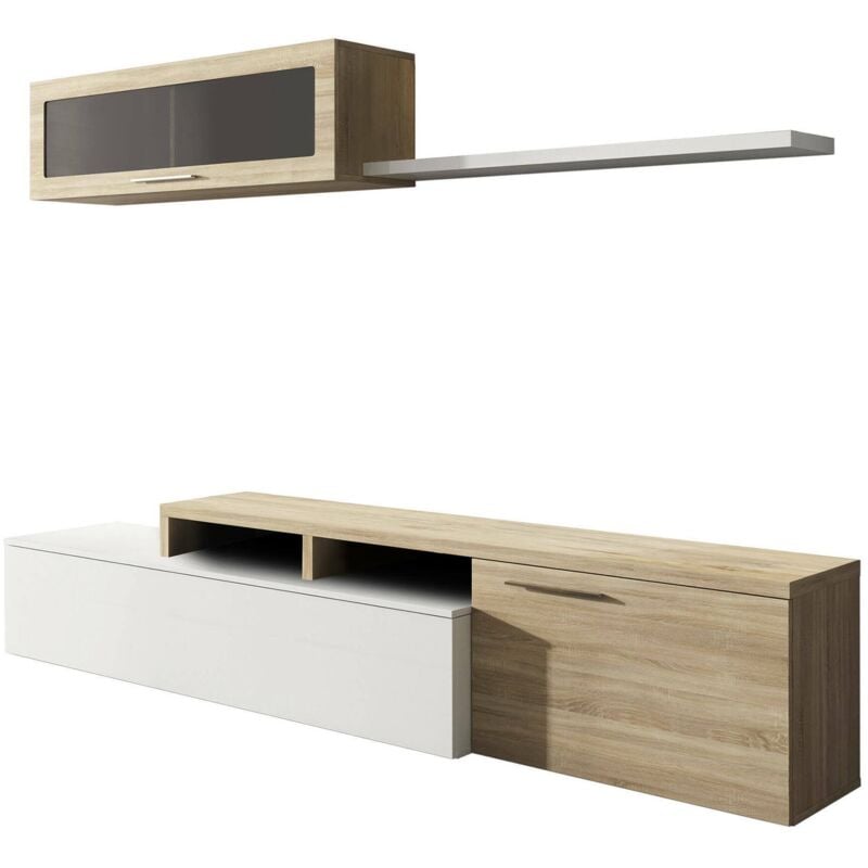foto del prodotto parete attrezzata, mobile soggiorno porta tv, composizione salotto reversibile, set salotto ad angolo, cm 200x41h44, rovere e bianco lucido