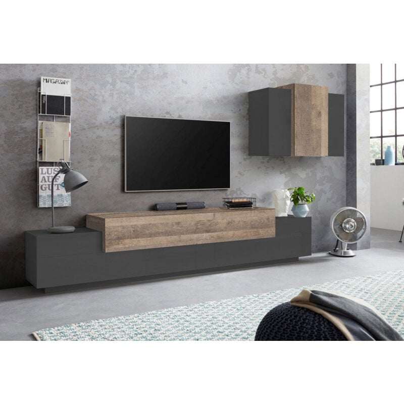 foto del prodotto parete attrezzata mobile tv e pensile 240x45x51,5 cm coro grigio antracite opaco rovere wotan