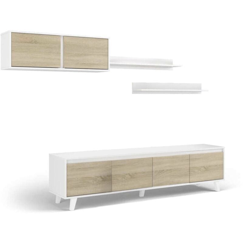 foto del prodotto parete attrezzata orlando, mobile da soggiorno porta tv, composizione per salotto con pensile e mensola, cm 200x50h41, bianco e rovere, con imballo